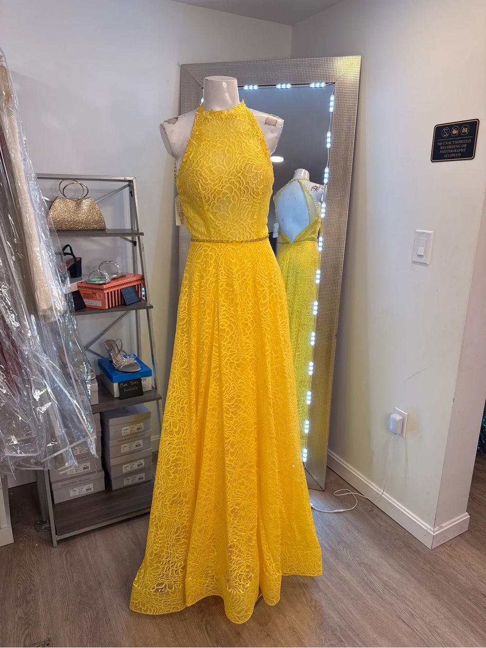 Bright Yellow Halter Lace Prom Dress- MISSING BEADS ON DRESS